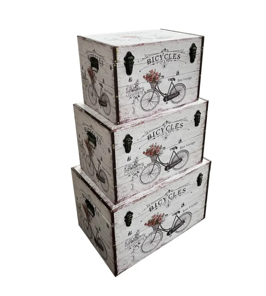 BellaHome Decorazione Ambienti|Baule in legno vintage rivestito in ecopelle fantasia bicycles grande 69x40x44 cm