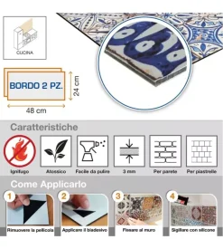 Decorazione Pareti- Bordo paraschizzi in alluminio azulejos grigio 2 pezzi, 24x48 cm