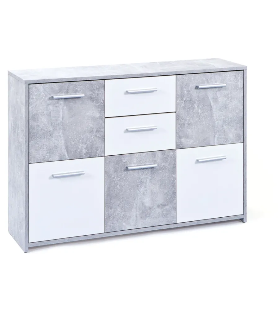Credenze E Buffet- Buffet 5 ante e 2 cassetti marmo e bianco opaco, 115x30x77 cm
