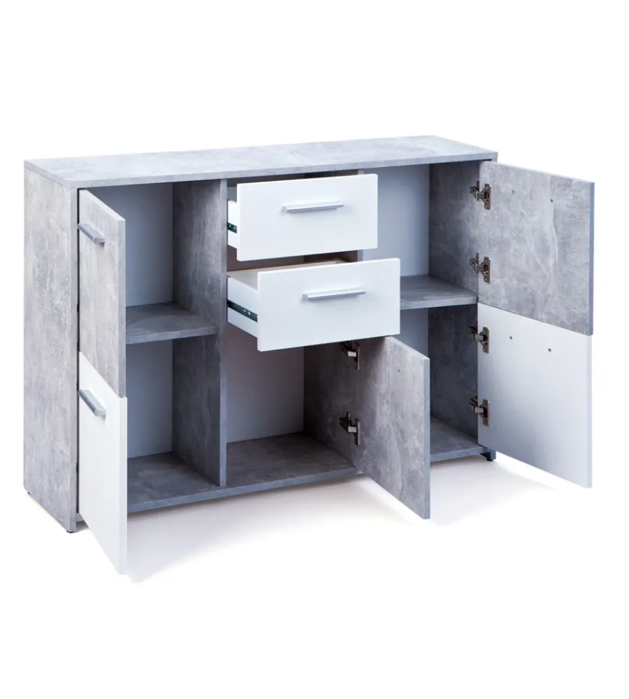 Credenze E Buffet- Buffet 5 ante e 2 cassetti marmo e bianco opaco, 115x30x77 cm