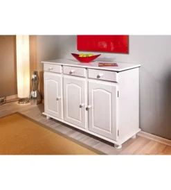 Credenze E Buffet|Buffet 3 ante e 3 cassetti in pino massello bianco, 130x43x87 cm