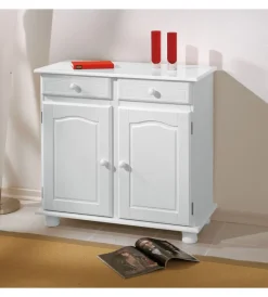 Credenze E Buffet|Buffet in pino massello bianco con 2 ante e 2 cassetti, 88x43x87 cm