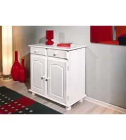 Credenze E Buffet|Buffet in pino massello bianco con 2 ante e 2 cassetti, 88x43x87 cm