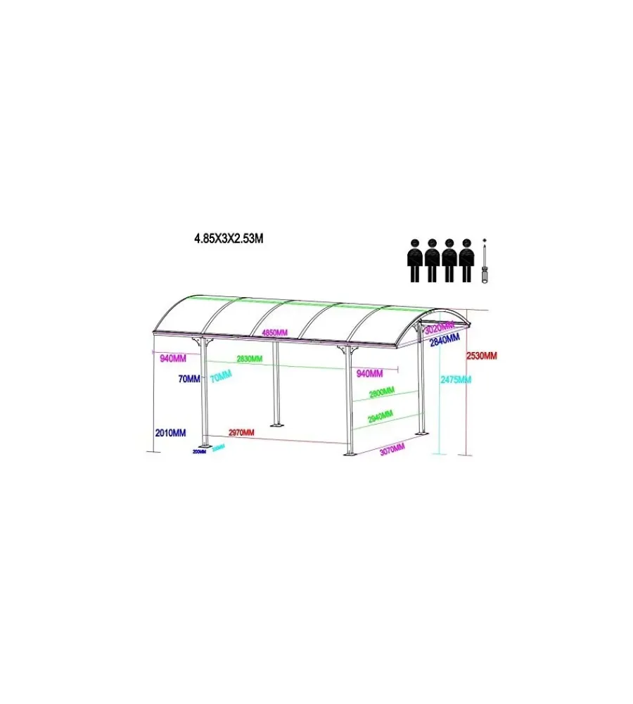 Discount Carport auto in alluminio e policarbonato 1 posto 4,85x3,00x2,53 m Coperture Per Esterno E Accessori