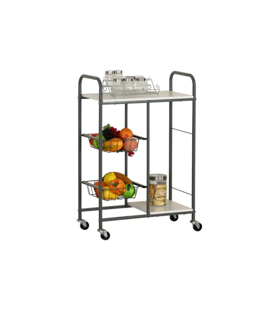 Cucina- Carrello da cucina bianco e grigio con ruote, 57x30x85 cm