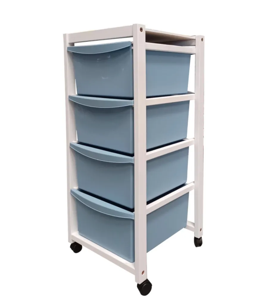 Cucina- Carrello in legno bianco con cassetti blu, 37,5x36,5x82 cm