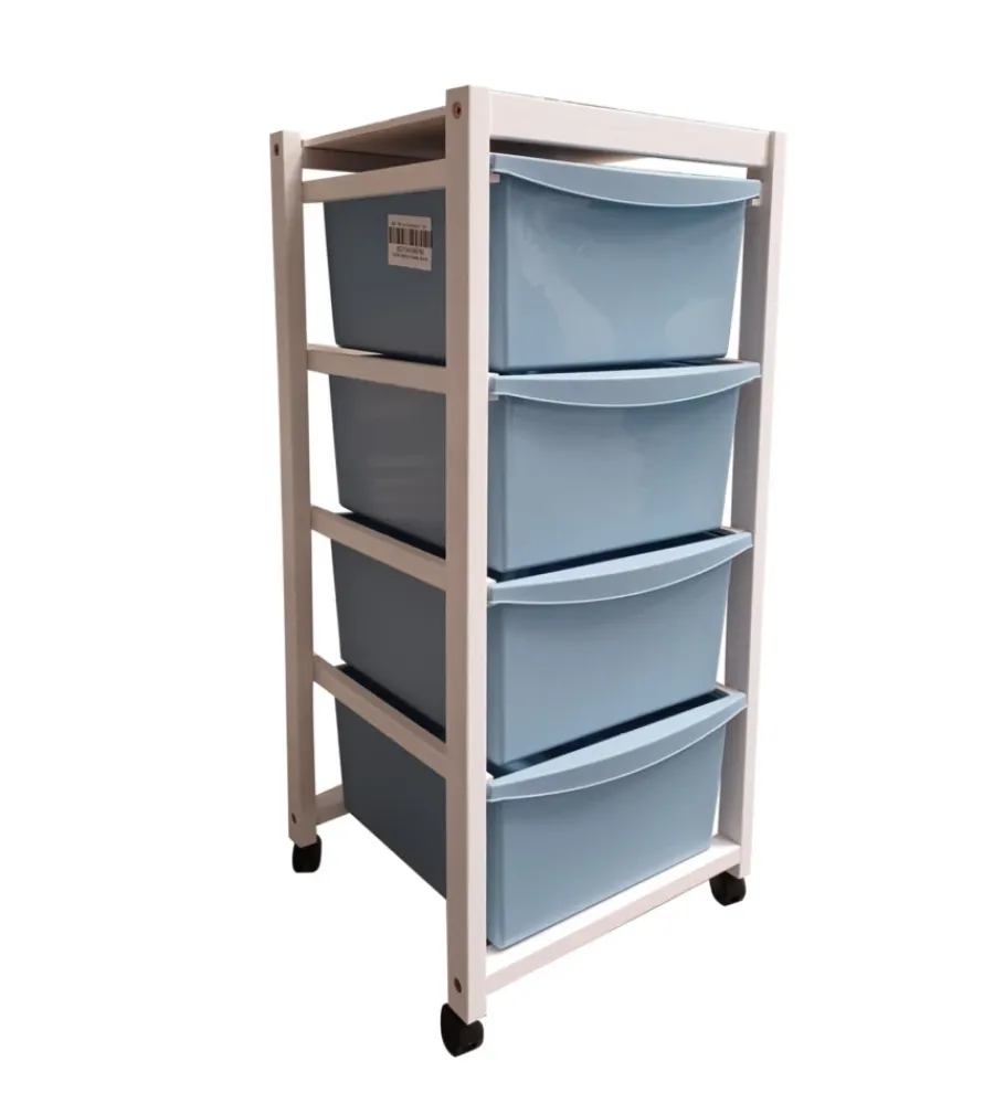 Cucina- Carrello in legno bianco con cassetti blu, 37,5x36,5x82 cm