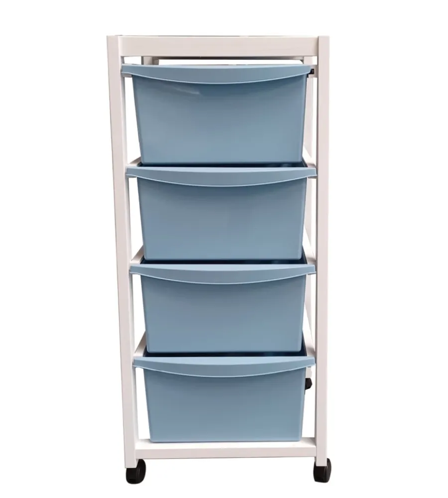 Cucina- Carrello in legno bianco con cassetti blu, 37,5x36,5x82 cm