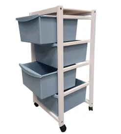 Cucina- Carrello in legno bianco con cassetti blu, 37,5x36,5x82 cm