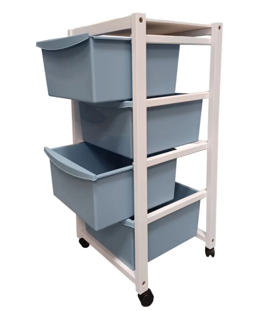 Cucina- Carrello in legno bianco con cassetti blu, 37,5x36,5x82 cm