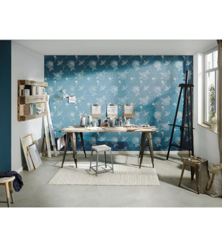 Decorazione Pareti- Carta da parati parato espanso tnt fiore flock blu