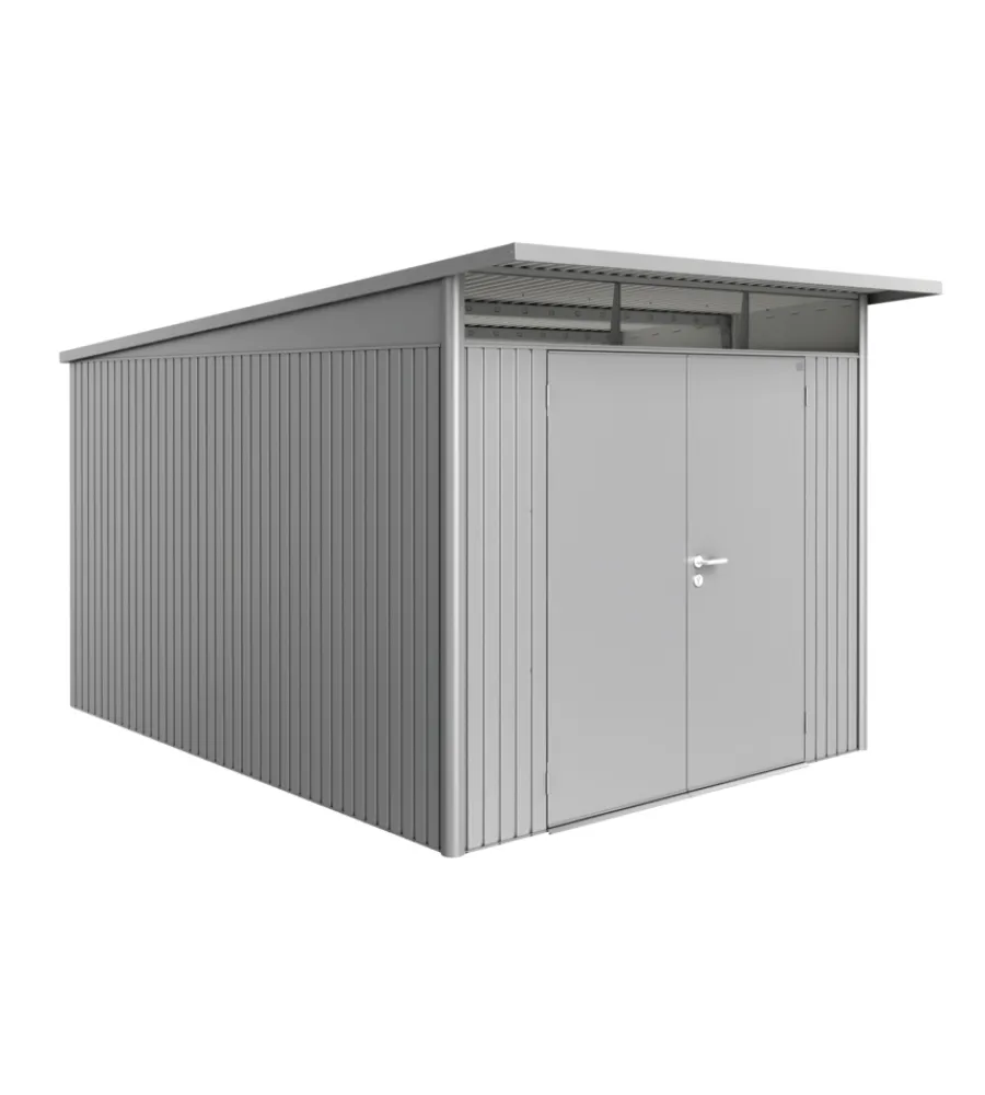 New Casetta da giardino "avantgarde a8" in acciaio zincato colore argento metallizzato con porta battente doppia 260x380x222 cm Casette Da Giardino