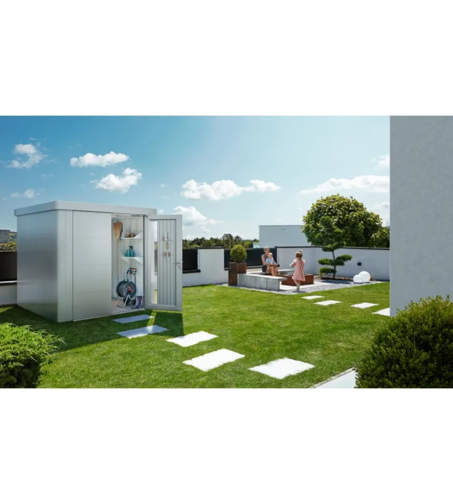 Biohort Casette Da Giardino|Casetta da giardino "neo 2b" in acciaio zincato colore argento metallizzato con porta battente doppio 236x236x222 cm - cod. 81063