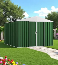 Domus Casette Da Giardino|Casetta da giardino "l new" in metallo verde con porte scorrevoli 267x173x194 cm