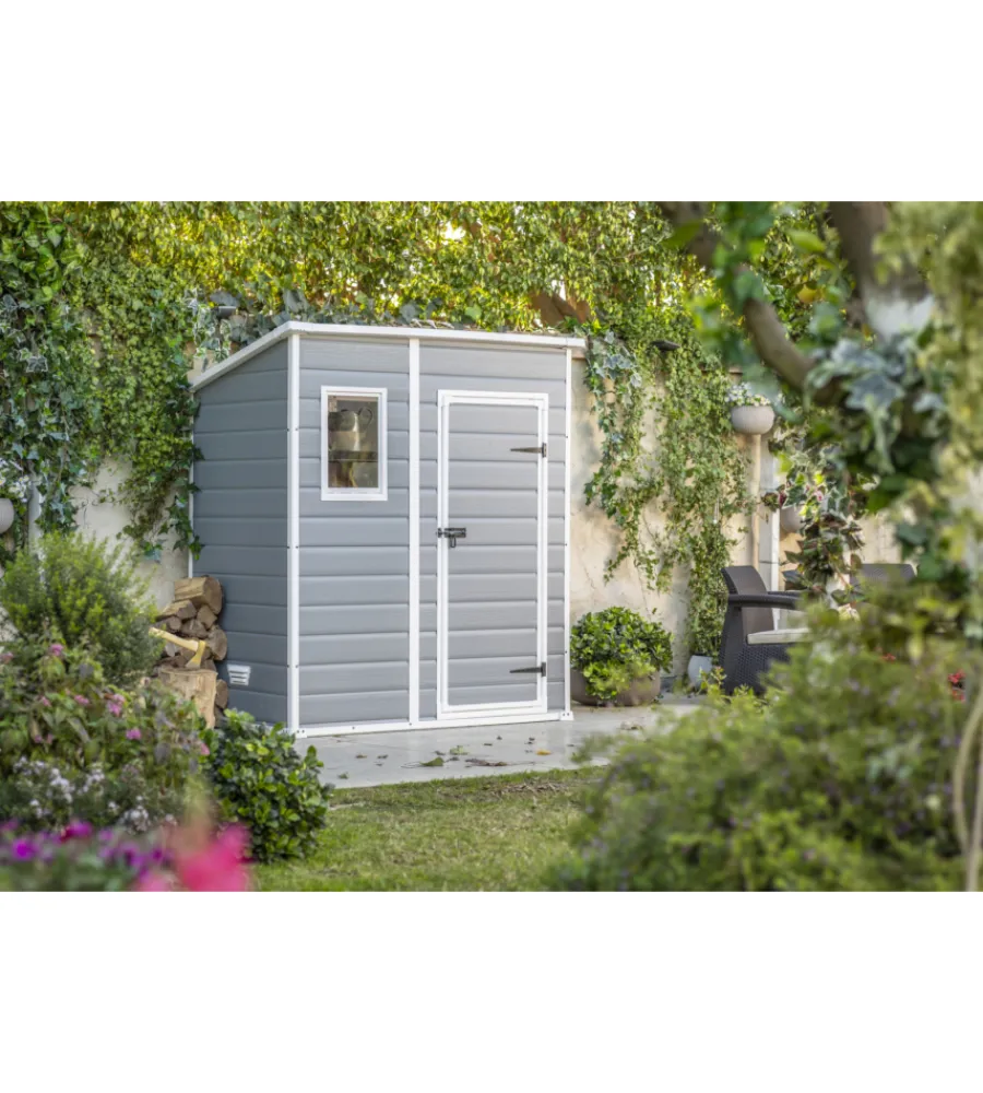 New Casetta da giardino "manor pent 6x4" in resina colore grigio con porta battente singola 183,5x111x200,5 cm Casette Da Giardino