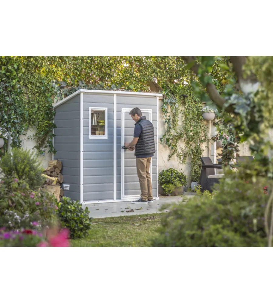 New Casetta da giardino "manor pent 6x4" in resina colore grigio con porta battente singola 183,5x111x200,5 cm Casette Da Giardino
