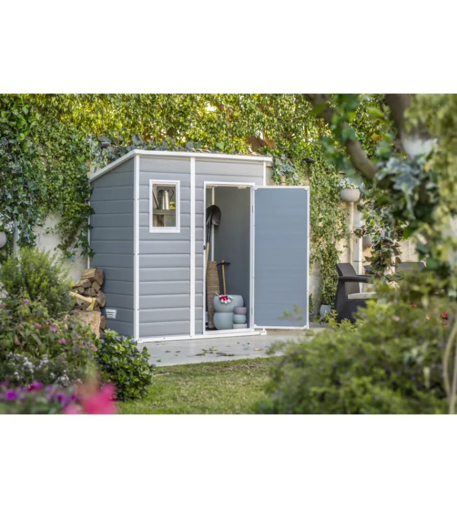 New Casetta da giardino "manor pent 6x4" in resina colore grigio con porta battente singola 183,5x111x200,5 cm Casette Da Giardino