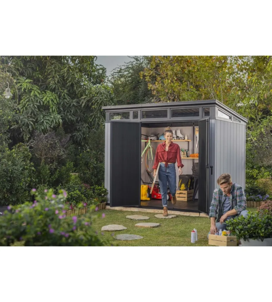 Casette Da Giardino-Keter Casetta da giardino "artisan 9x7" in duotech colore grigio con porta battente doppia 277x218x226 cm