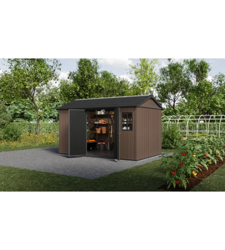 Casetta da giardino "newton+ 7513/1375" in resina marrone doppia opzione montaggio 413x230x246 cm Casette Da Giardino