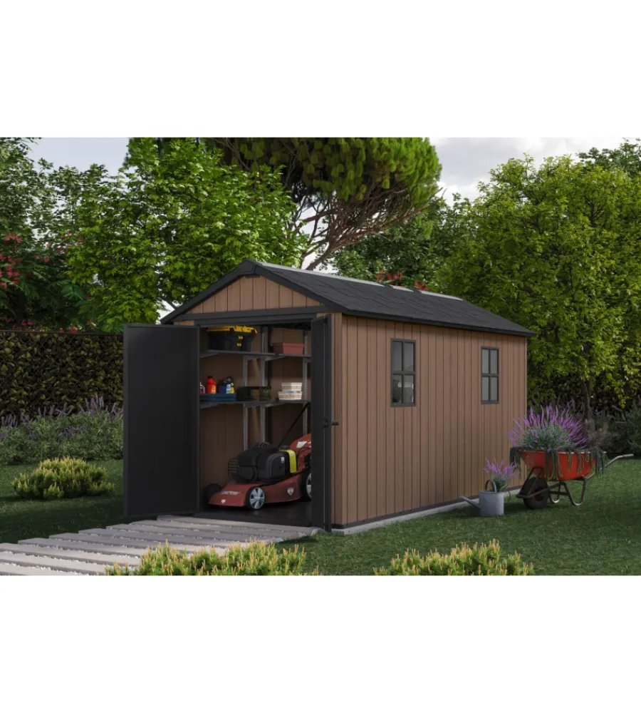 Casetta da giardino "newton+ 7513/1375" in resina marrone doppia opzione montaggio 413x230x246 cm Casette Da Giardino