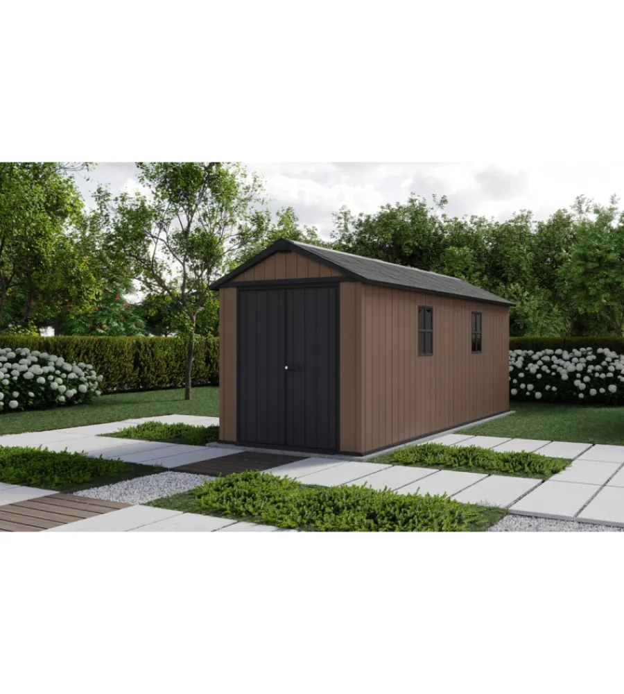 New Casetta da giardino "newton+ 7517/1775" in resina marrone doppia opzione montaggio 539x230x246 cm Casette Da Giardino
