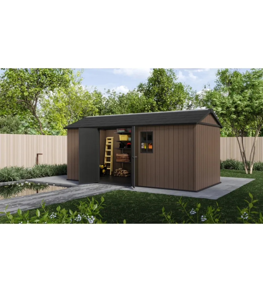 New Casetta da giardino "newton+ 7517/1775" in resina marrone doppia opzione montaggio 539x230x246 cm Casette Da Giardino