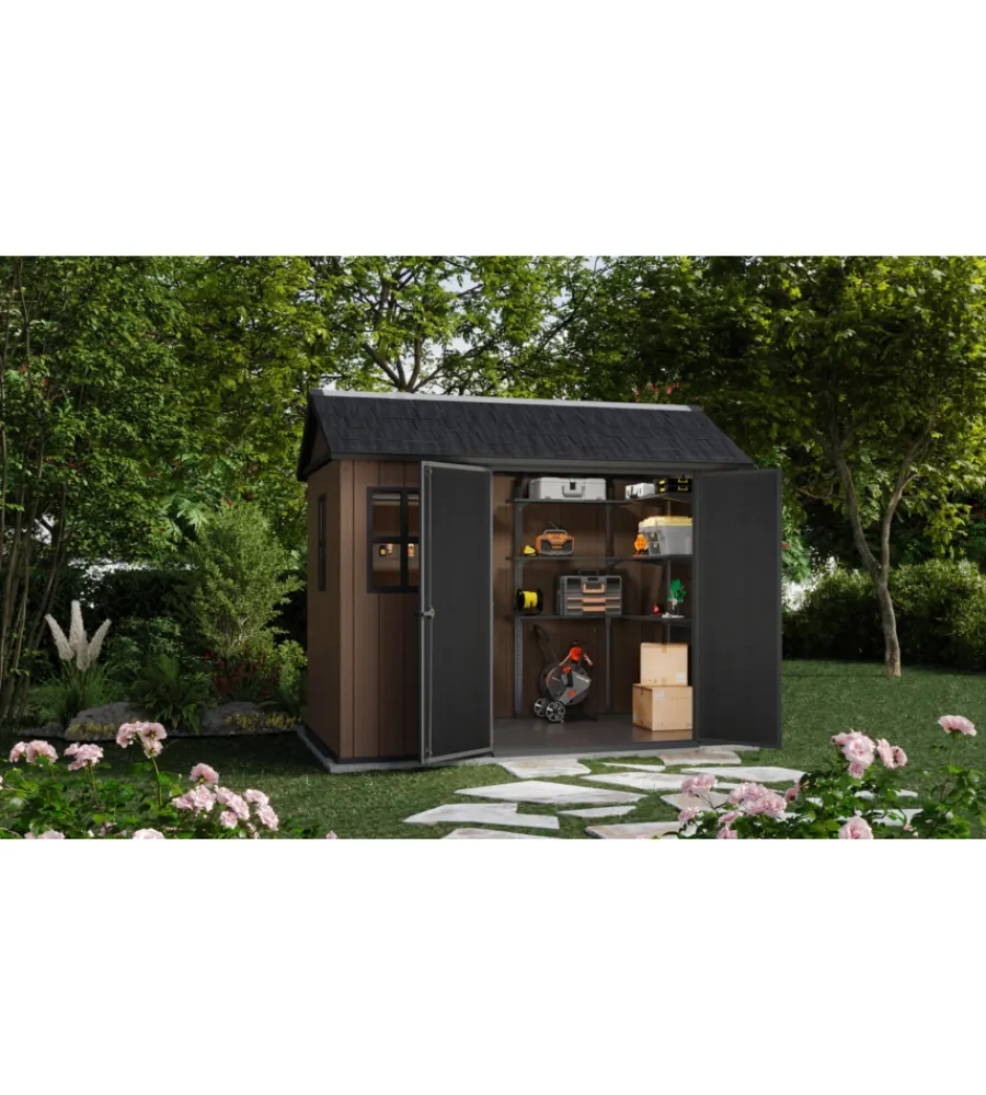Keter Casette Da Giardino|Casetta da giardino "newton+ 759/975" in resina marrone doppia opzione montaggio 287x230x246 cm