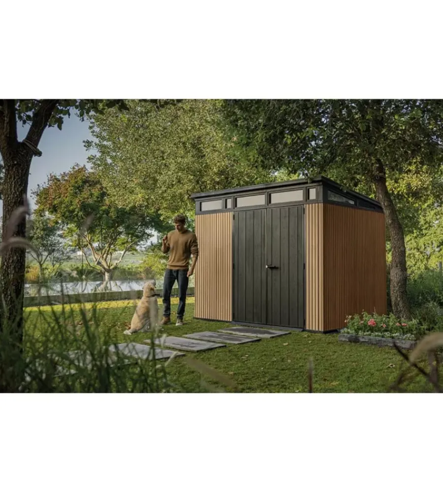 Outlet Casetta da giardino "pent 9x7" in resina marrone con porta battente doppia 277x218x226 cm Casette Da Giardino