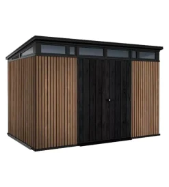 Discount Casetta da giardino "pent 11x7" in resina marrone con porta battente doppia 340x218x246 cm Casette Da Giardino