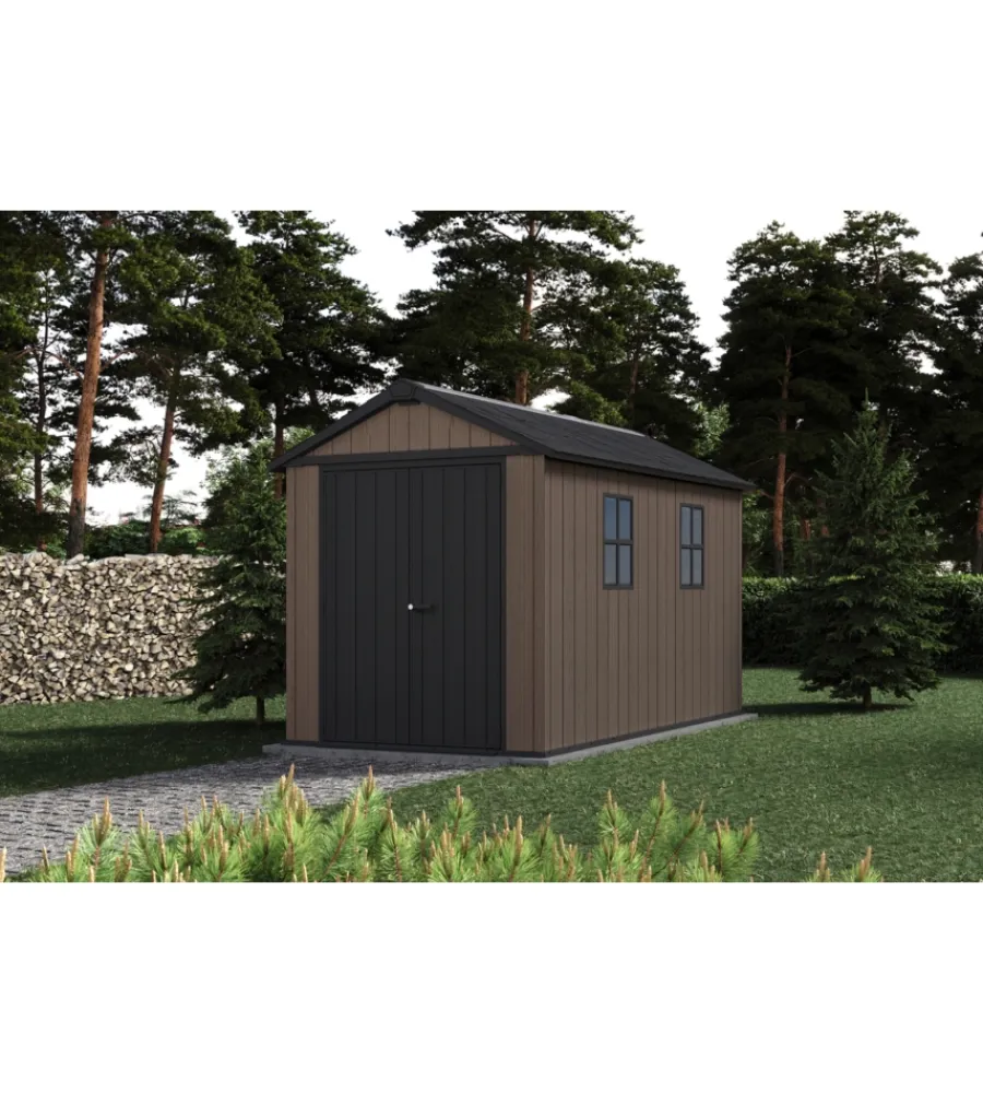 New Casetta da giardino "newton+ 7511/1175" in resina marrone doppia opzione montaggio 350x230x246 cm Casette Da Giardino