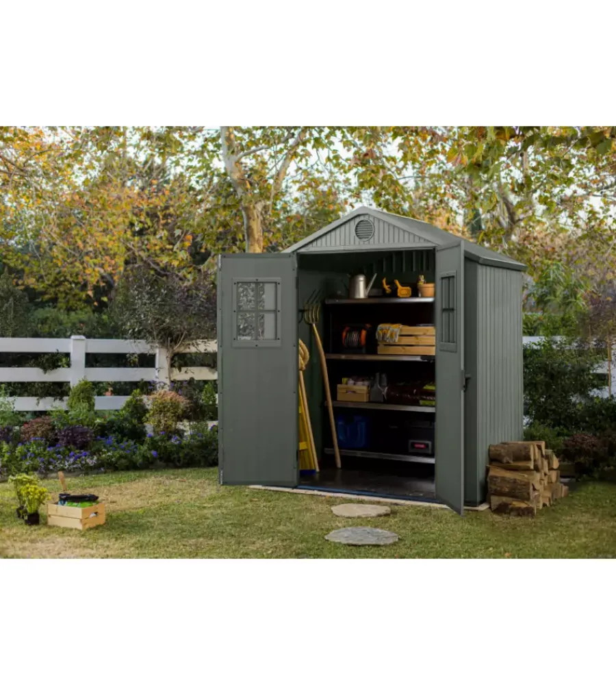 Casette Da Giardino-Keter Casetta da giardino "darwin 6x4" in evotech+ colore verde con porta battente doppia 190x122x221 cm