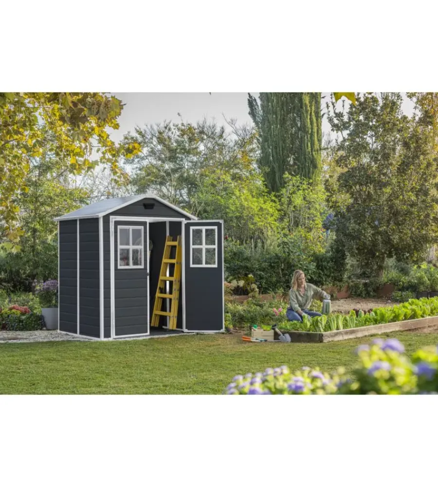 Keter Casette Da Giardino|Casetta da giardino "manor 6x5" in resina colore grigio con porta battente doppia 185x152x226 cm