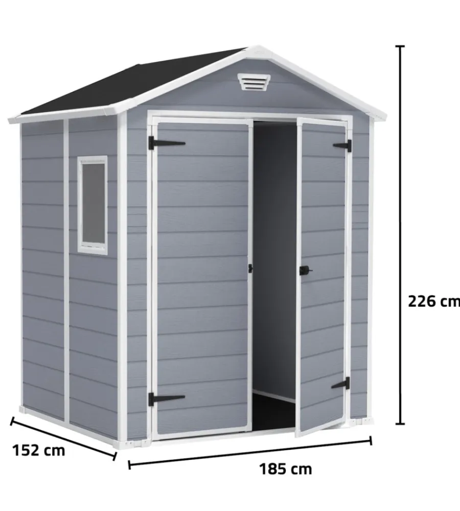 Keter Casette Da Giardino|Casetta da giardino "manor 6x5" in resina colore grigio con porta battente doppia 185x152x226 cm