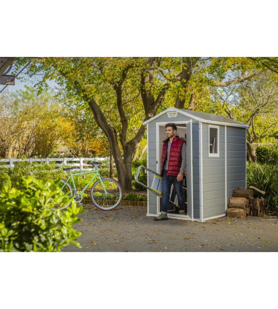 Hot Casetta da giardino "manor 4x6" in resina colore grigio con porta battente singola 130x192x198 cm Casette Da Giardino