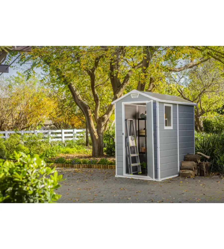 Hot Casetta da giardino "manor 4x6" in resina colore grigio con porta battente singola 130x192x198 cm Casette Da Giardino
