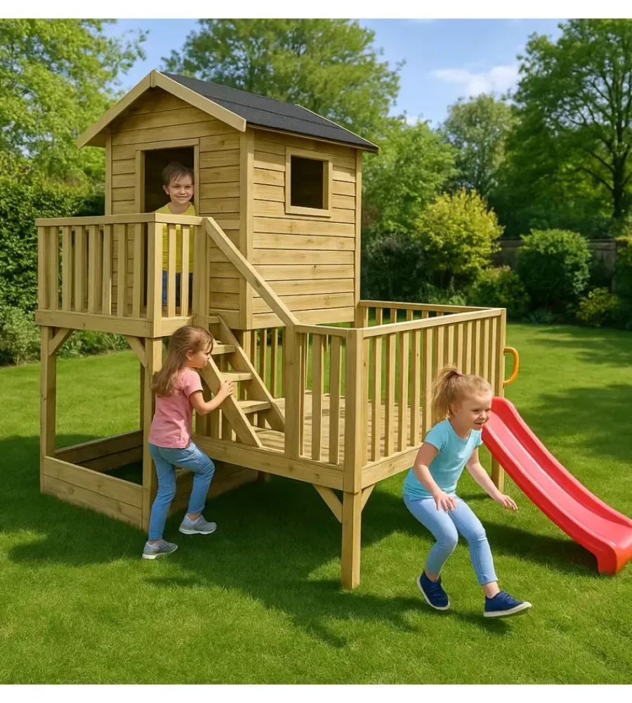 Casette Da Giardino-Domus Casetta da giardino per bambini in legno "hubert" con scivolo e sabbiera 226,5x176x272 cm