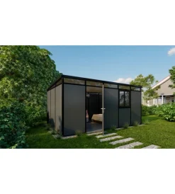 ArtPlast Casette Da Giardino|Casetta da giardino prefabbricata in pvc e alluminio "modulare" nero e grigio 3x5 mt