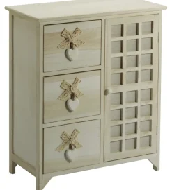 Cassettiere|Cassettiera armonia "white washed" 3 cassetti cuore e fiocchi in legno di paulownia 62x32x73 cm