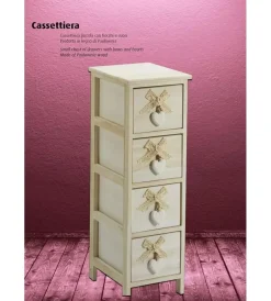 Cassettiere|Cassettiera armonia "white washed" 4 cassetti cuore e fiocchi in legno di paulownia 26x32x63 cm