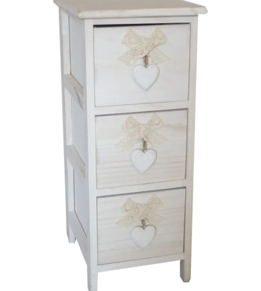 Cassettiere- Cassettiera armonia "white washed" 3 cassetti cuore e fiocchi in legno di paulownia 26x32x63 cm