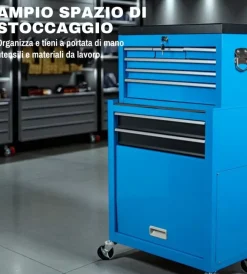 Easy System Officina E Garage|Cassettiera porta attrezzi in metallo con ruote e cassettiera movibile 61,6x33x108,2 cm