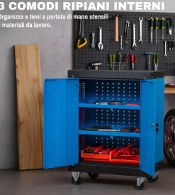Easy System Officina E Garage|Cassettiera porta attrezzi 3 ripiani con ruote e maniglia 65x38x72 cm