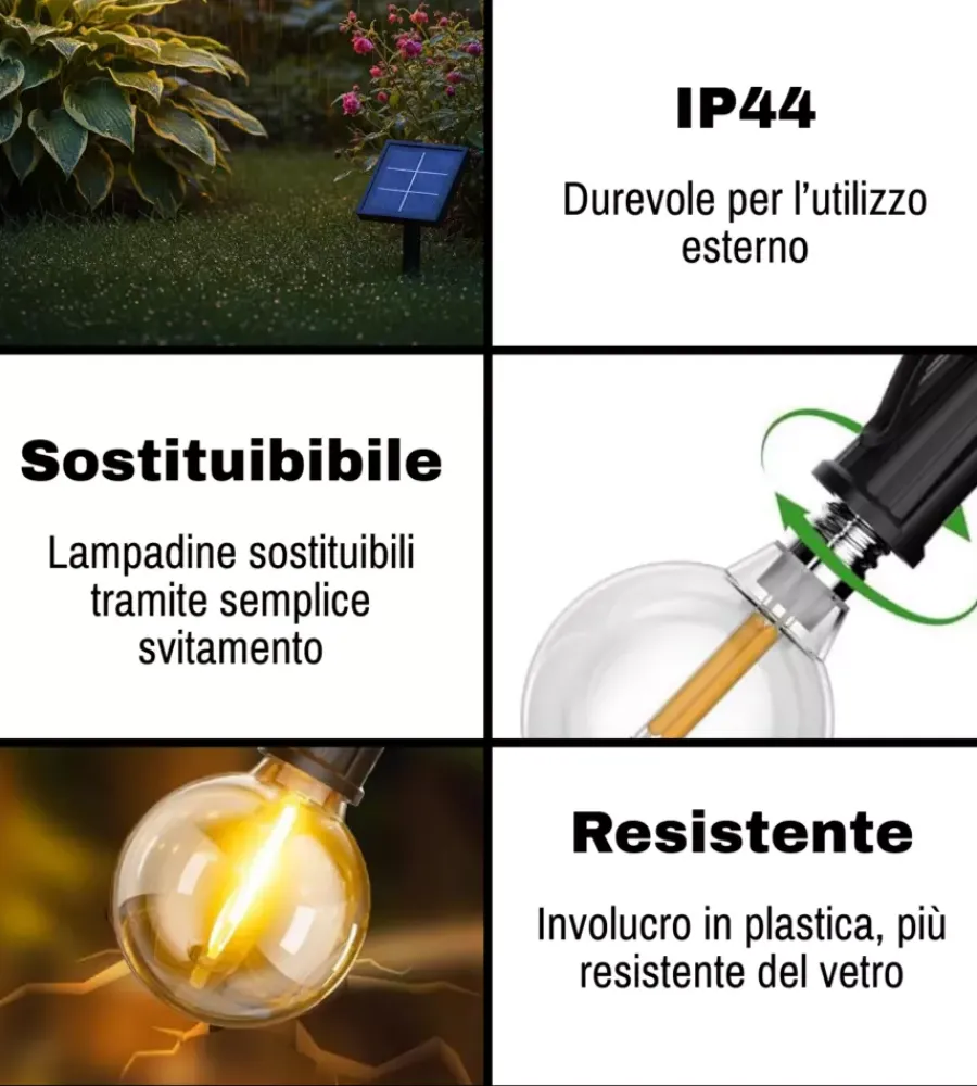 Illuminazione Per Esterno-EuroGarden Catena solare da esterno con 10 lampadine led a luce calda, luminosita' regolabile, 8 modalita' 5w 7 mt