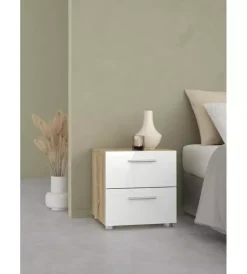 Letti E Comodini- Comodino 2 cassetti "pepe" rovere e bianco lucido 40x40,2x42,3 cm