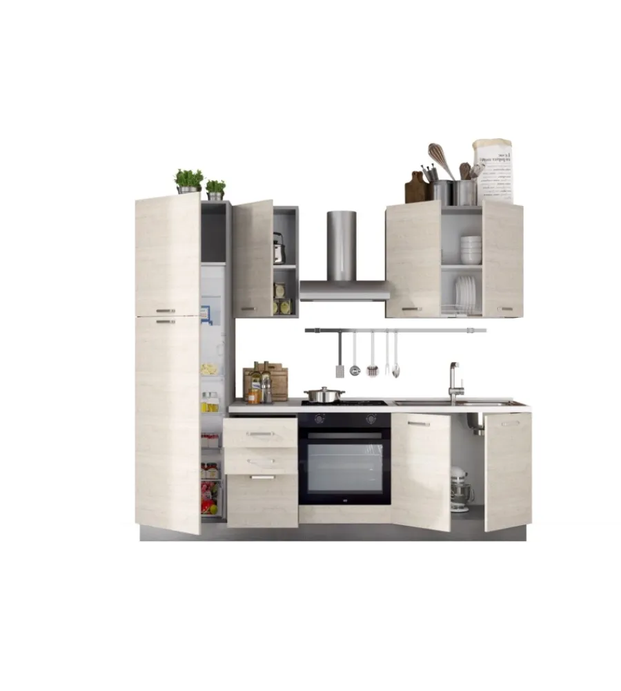 Cucina- Composizione cucina completa ares con lavello a destra e piano cottura ad induzione, 255x60x216 cm