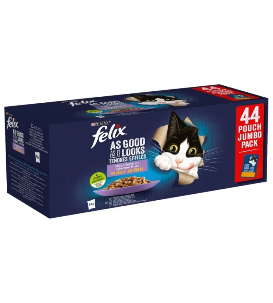 Purina Alimenti Umido Gatto|Confezione da 44 bustine monodose per gatto "felix le ghiottonerie", 44x85 gr