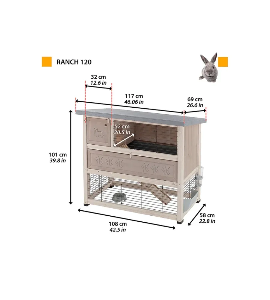Gabbie Per Roditori-Ferplast Conigliera in legno "ranch 120" a due piani, 117x69x101 cm -