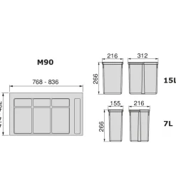Discount Contenitori per raccolta differenziata 15l+15l+7l+7l modulo 90 cm, Raccolta Differenziata