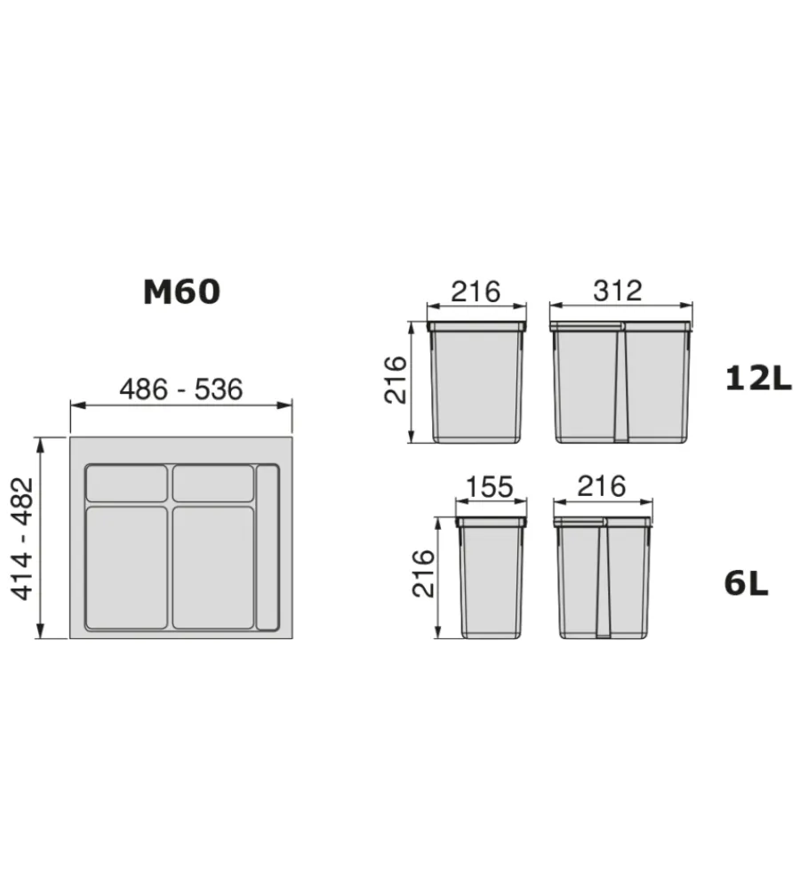 Discount Contenitori per raccolta differenziata "recycle" per modulo 60 cm, 12lt+6lt+6lt Raccolta Differenziata