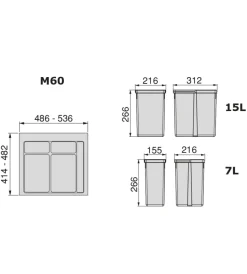 Emuca Raccolta Differenziata|Contenitori per raccolta differenziata 12l+7l+7l modulo 60 cm,